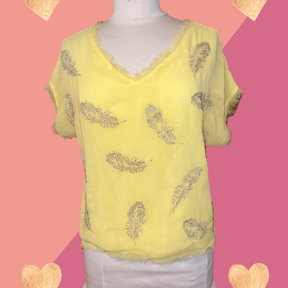 See through sheer top silky beaded feathers v-neck yellow blouse casual party